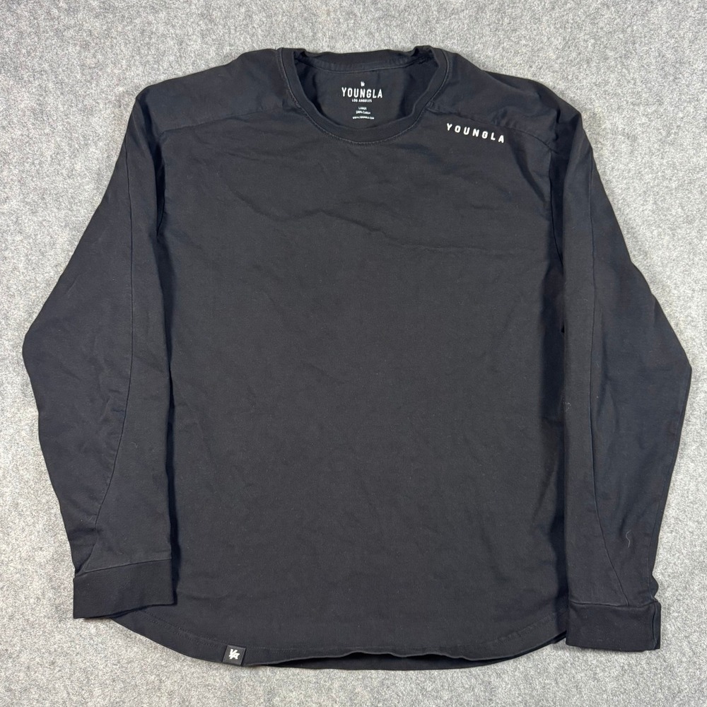 YoungLA Shirt Mens Large Black Model 814 Long Sleeve Curved Hem Cotton Tee